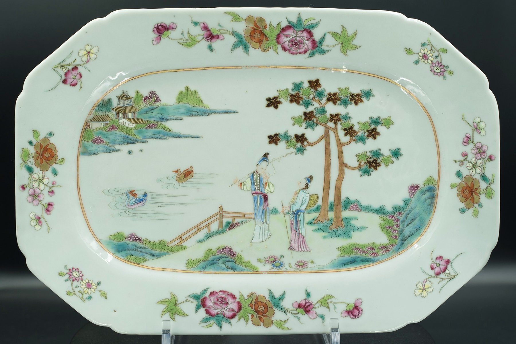 Pair of Chinese famille rose octagonal dishes with fishwomen