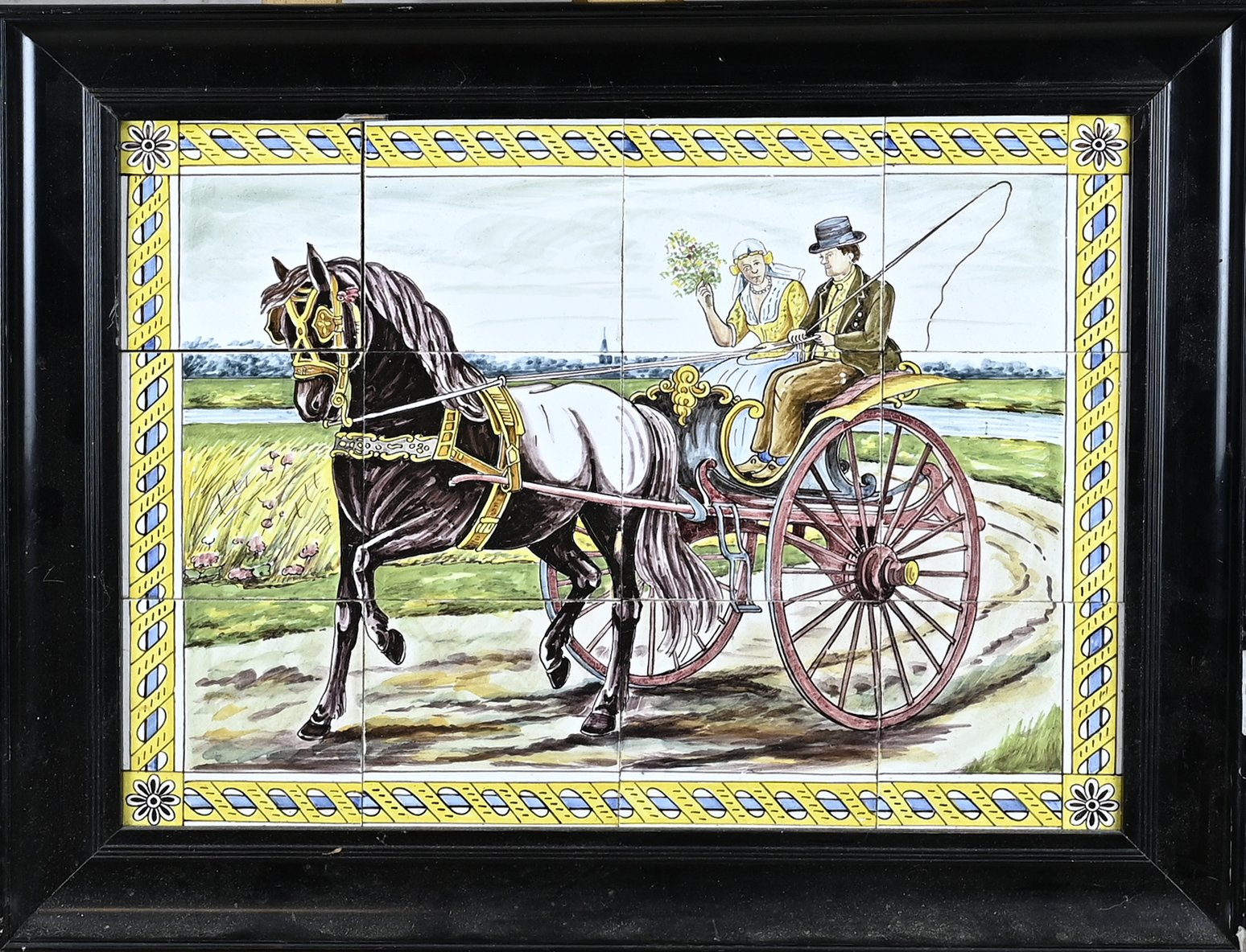 19th century 12-step tile tableau with polychromy. With an image of a North Dutch horse team with two figures.